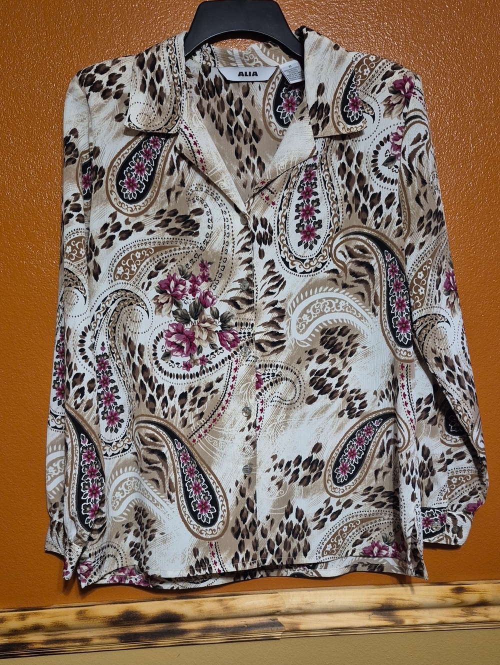 Alia Beige Paisley & Floral Button-Up Blouse with Pink Accents